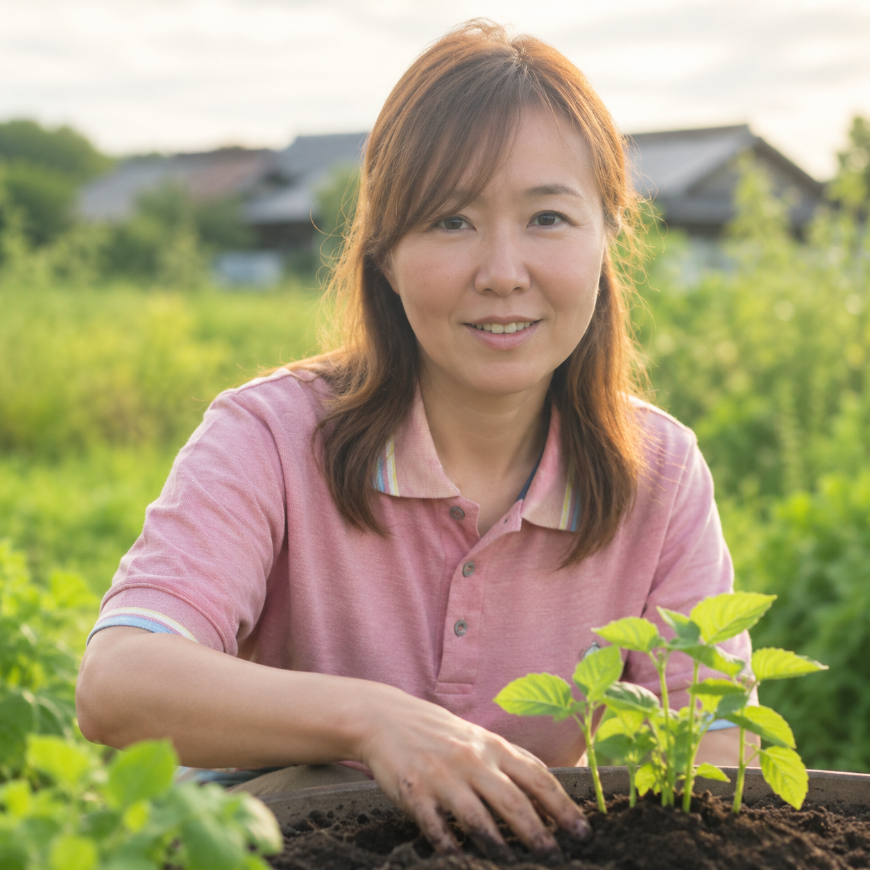 畑で植物に触れる坂入千佳